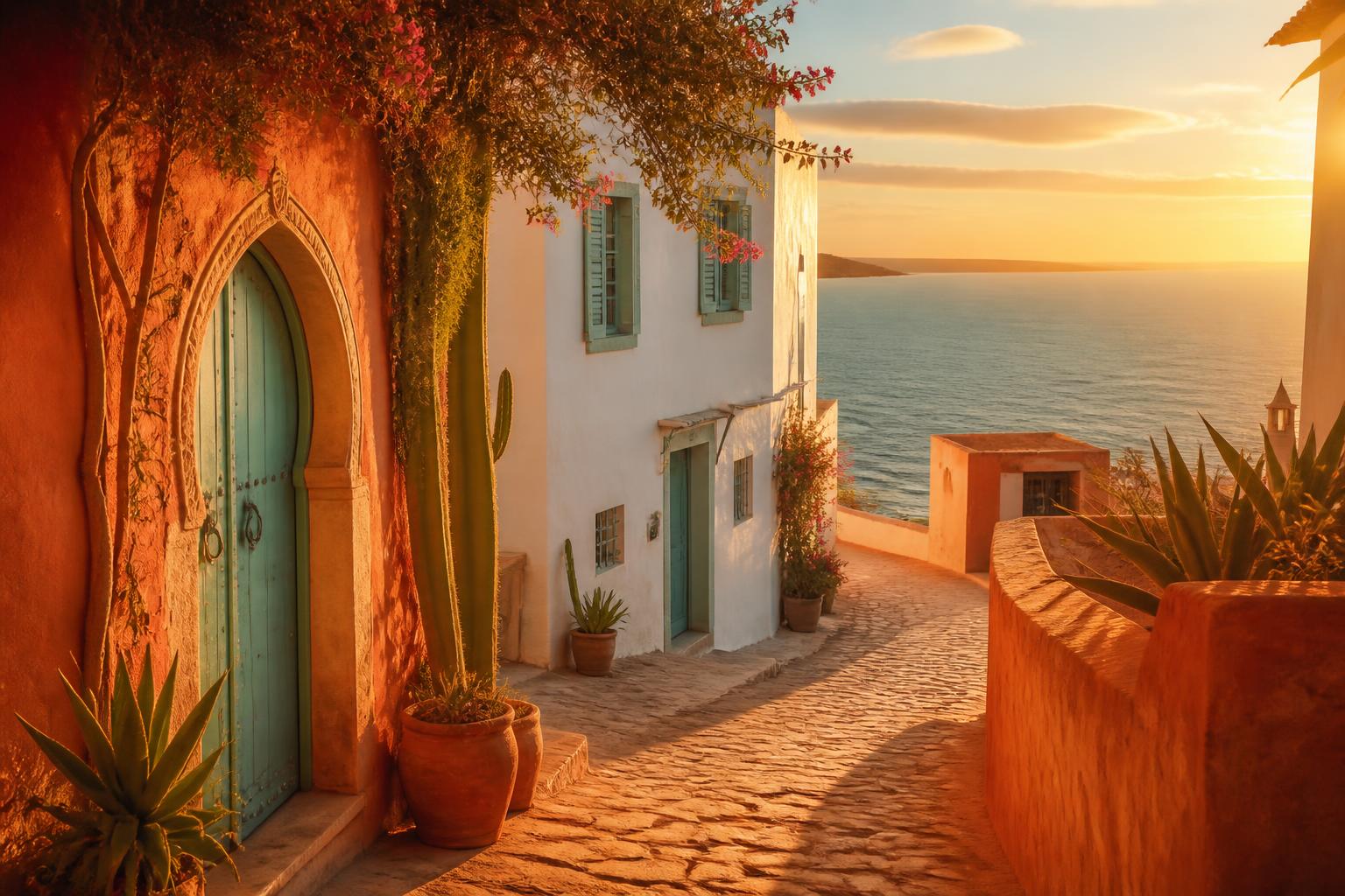 Sun-drenched Mediterranean village above turquoise water at golden hour